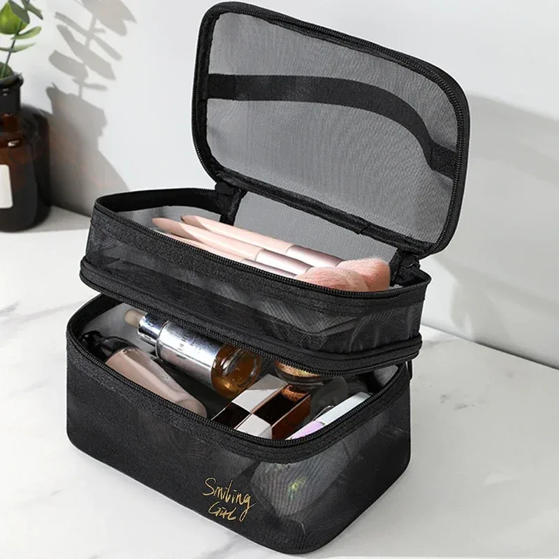 trousse de maquillage en maille noire de grande capacité pour femme, trousse de toilette décontractée à fermeture éclair, sac à cosmétiques de voyage