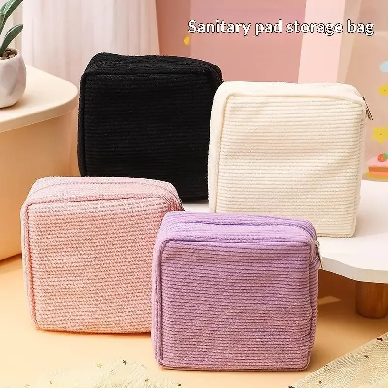 sac de rangement pour serviettes hygiéniques en velours côtelé, surface douce, fermeture éclair sécurisée, pour usage quotidien, organisateur de sac à main de voyage