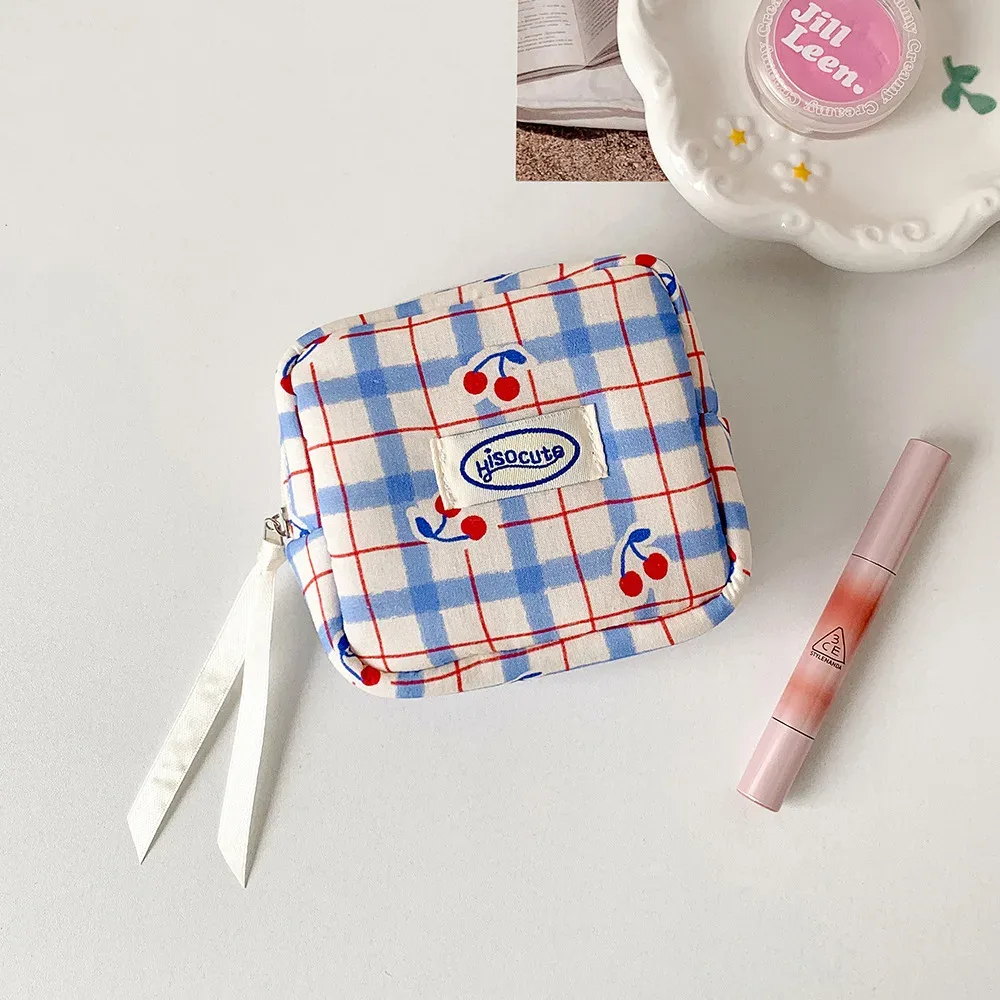 sacs de maquillage pour femmes, sacs à cosmétiques japonais à carreaux cerise dopamine doux kawaii, sac de rangement portable multifonctionnel pour filles