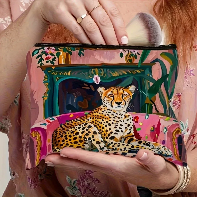 trousse de maquillage de grande capacité avec fermeture à glissière, organisateur de cosmétiques élégant imprimé guépard, trousse de maquillage spacieuse pour femmes, 1 pièce