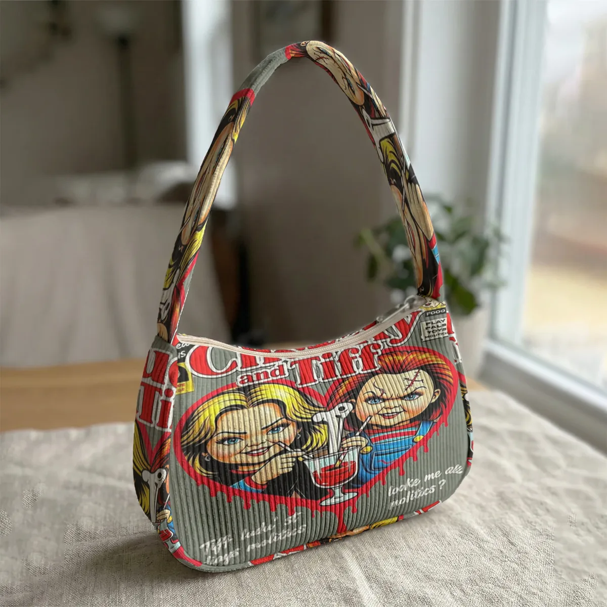 sac à bandoulière tendance imprimé chucky & tiffany, sac sous le bras en velours côtelé pour un usage quotidien décontracté