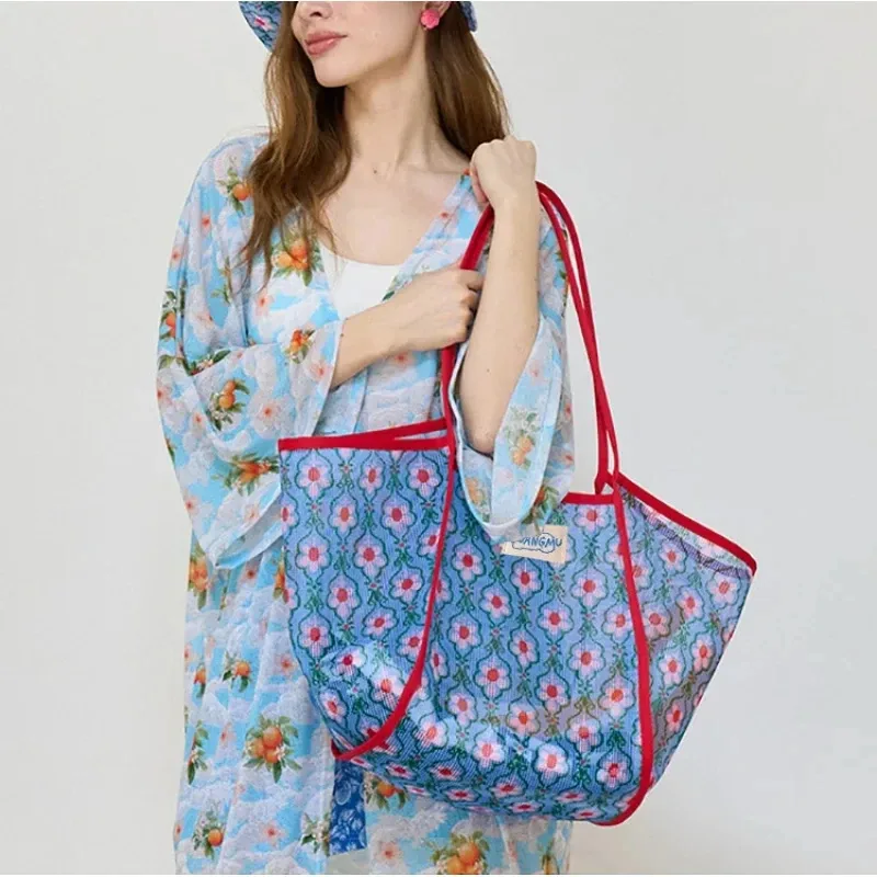 sac de plage grande capacité pour maman, sac à bandoulière color-block, sac de shopping en maille ajourée, sac de rangement pour jouets de plage et de natation
