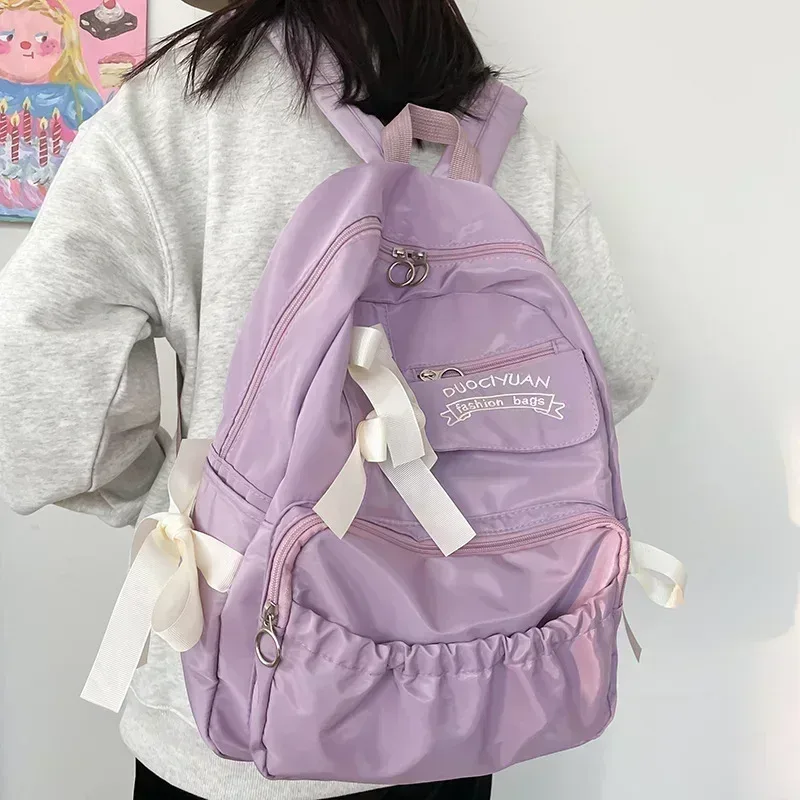 sac dos nylon beige blanc poche ouvrée broderie préppy grande capacité voyage école adolescente femmes