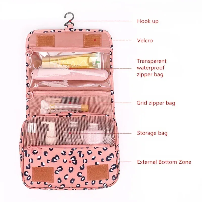 trousse toilette cosmétique rose léopard compartiments imperméable transparent grille velcro voyage maquillage organisateur rangement
