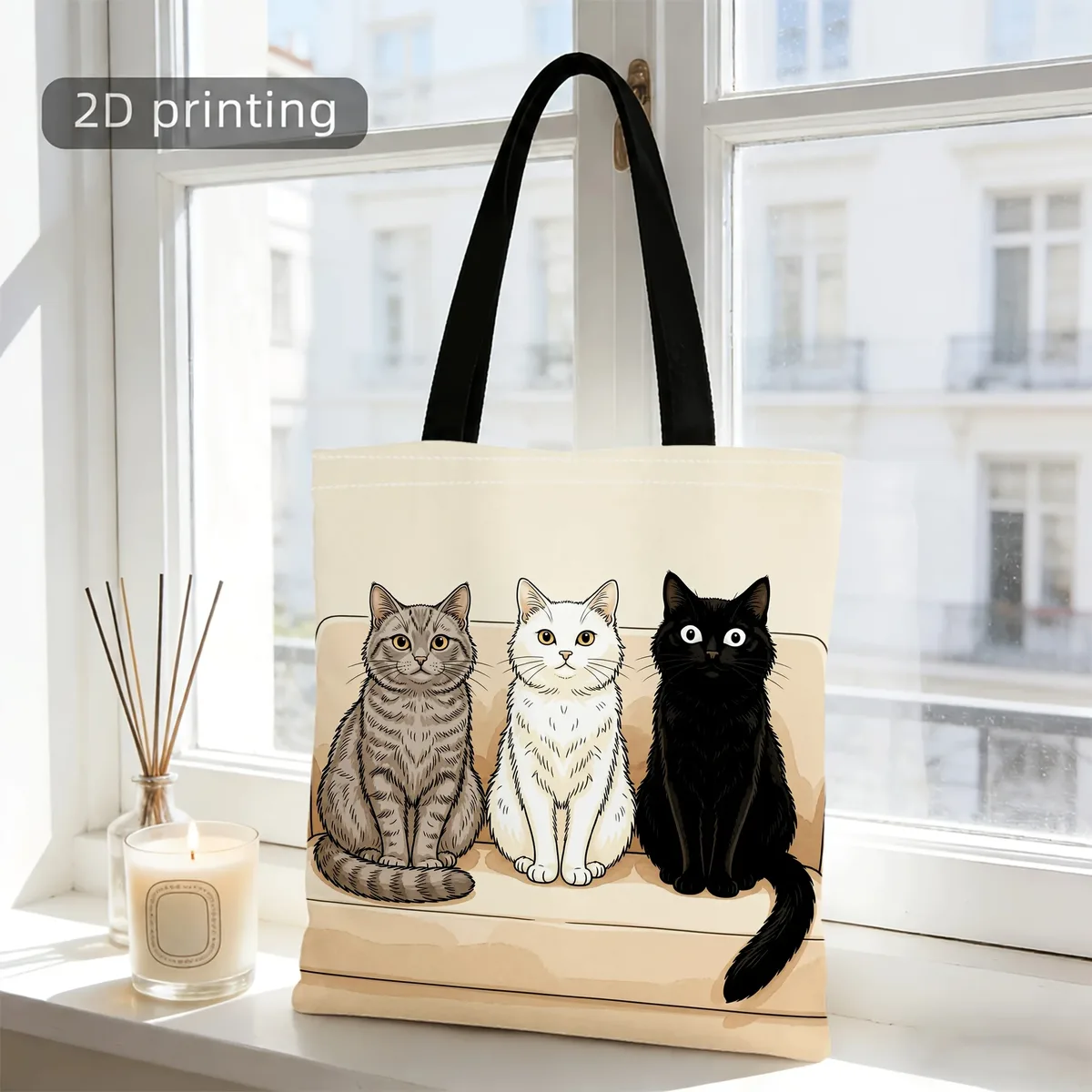 sac fourre-tout esthétique pour amoureux des chats, motif de trois chats sur un canapé, motif de dessin animé, sac à main en toile réutilisable de grande capacité pour femmes