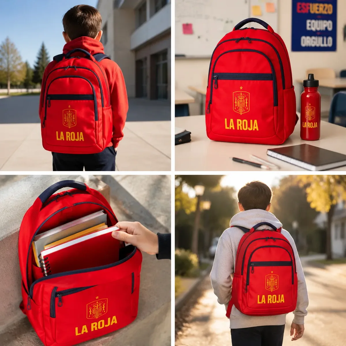 sac à dos scolaire la roja de l'équipe nationale de football espagnole "la roja", produit officiel sous licence. sac à dos de football de l'équipe nationale 43x30x18cm rouge et bleu marine avec compartiments.