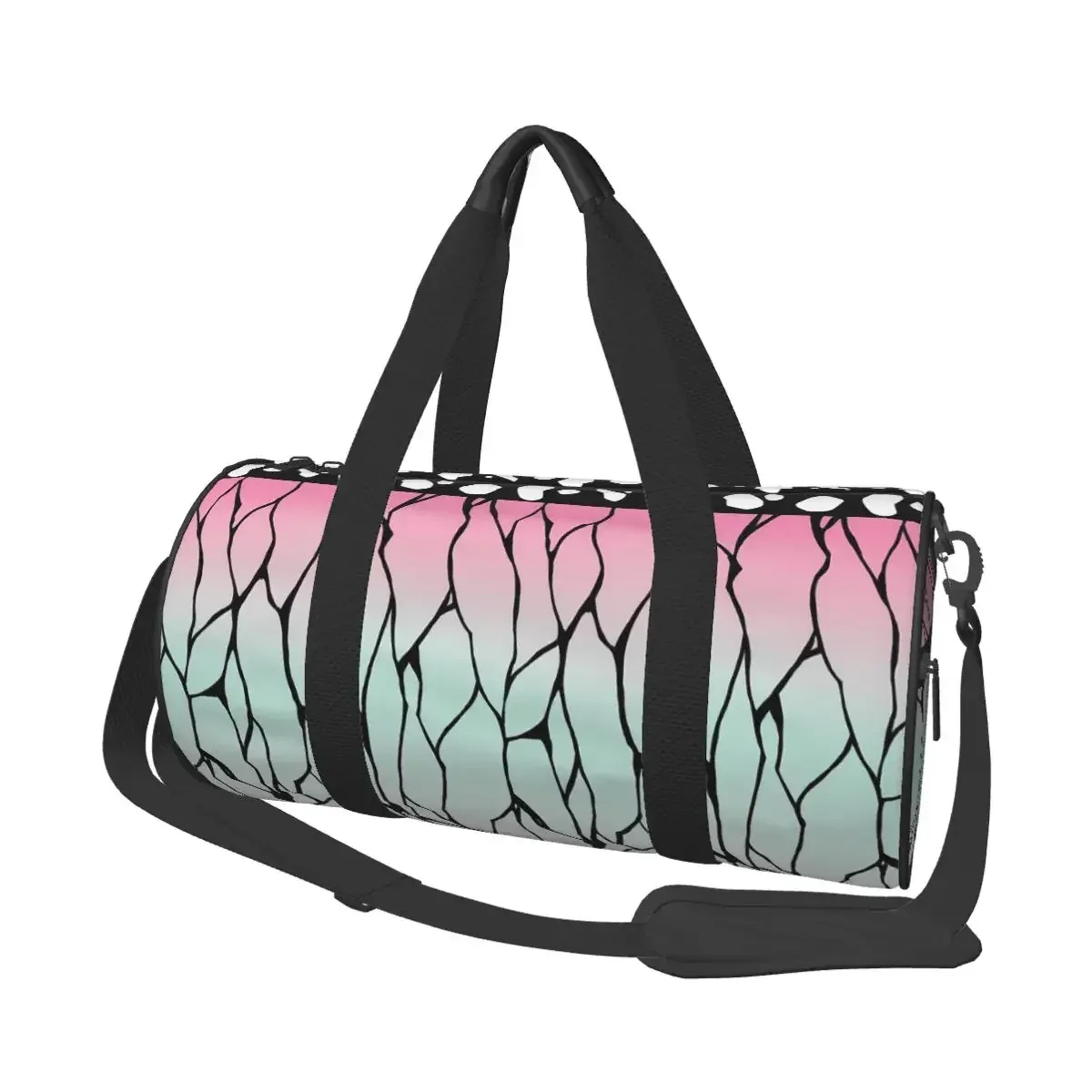 sac voyage polyester motif lignes noires couleurs pastel rose vert bleu poignée bandoulière supérieure ajustable format sport rond usage week-end fitness