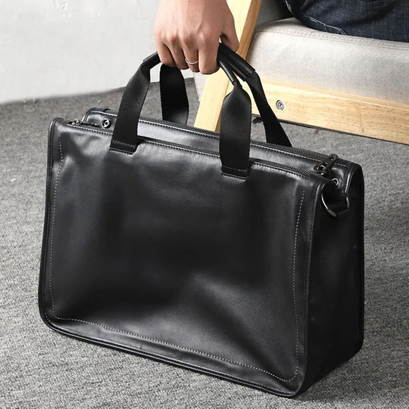 Grande mallette pour hommes en cuir véritable, sac à bandoulière pour ordinateur portable de 15 pouces, grand sac à main en cuir souple, sac de voyage multicouche pour hommes