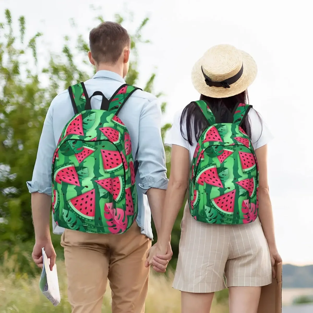 sac à dos en toile pour homme et femme, observateur, décontracté, tranches d'eau neutres et feuilles tropicales, pour ordinateur portable, voyage en plein air