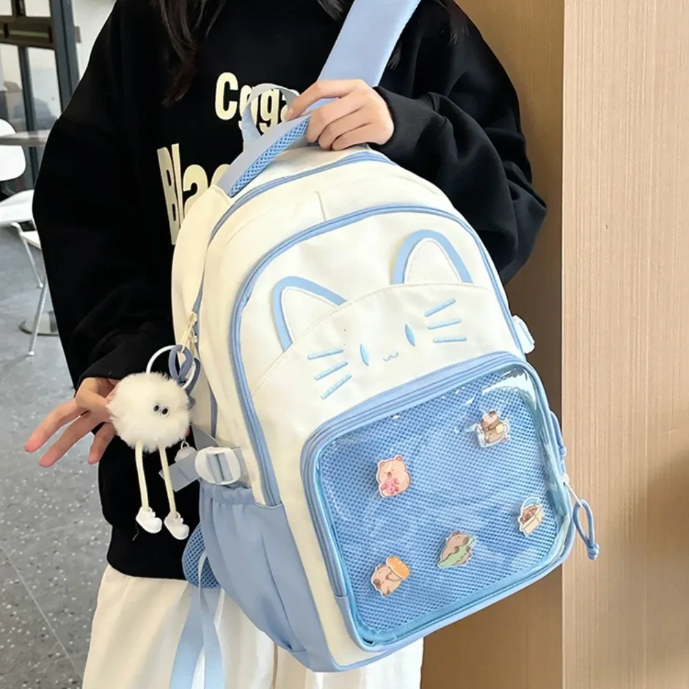 y2k mignon chat ita sacs à dos grande capacité sac à dos décontracté fille transparent bricolage affichage sac à dos dessin animé à la mode voyage cartables
