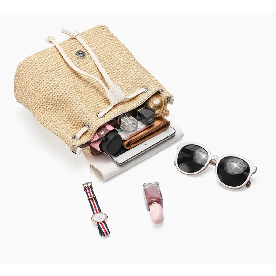 sac à dos en paille et en cuir synthétique pour femmes et adolescentes, sac à bandoulière, sac à cordon, sac de voyage pour femmes, sac à dos de grande capacité.