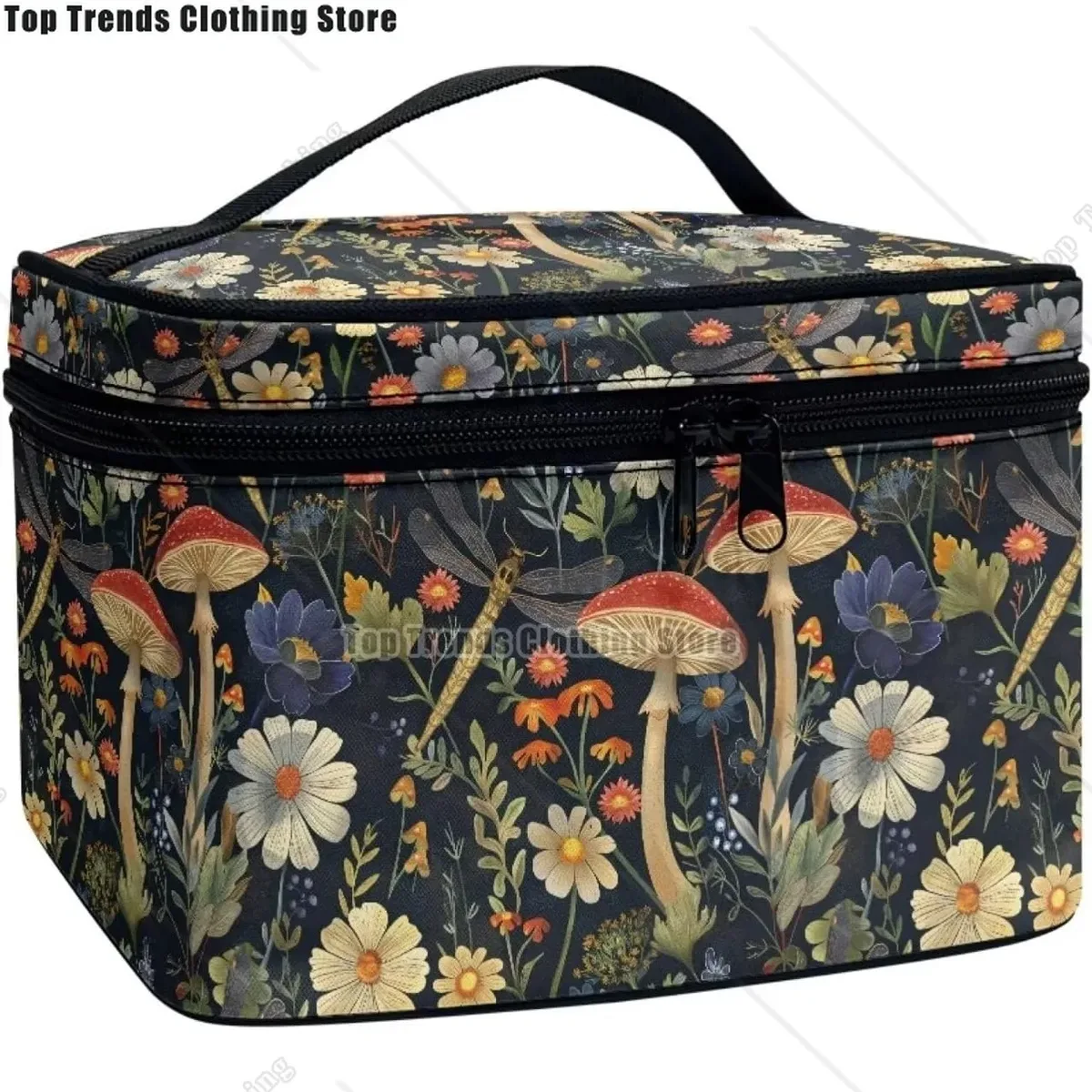 trousse polyester motif floral champignons poignée noire bleu jaune rouge vert voyage maquillage cosmétiques
