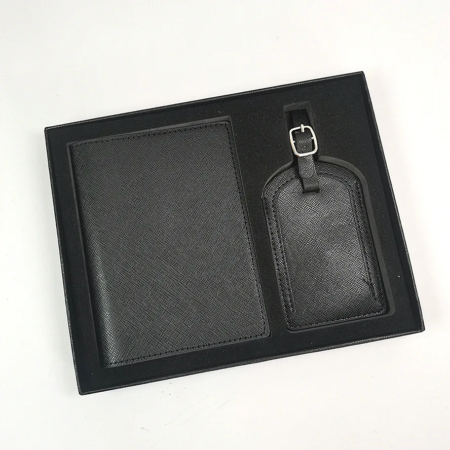 ensemble de couverture de passeport et d'étiquette de bagage en cuir pu de luxe avec boîte, porte-passeport personnalisé avec nom, étiquette de valise personnalisée, vente en gros, cadeau