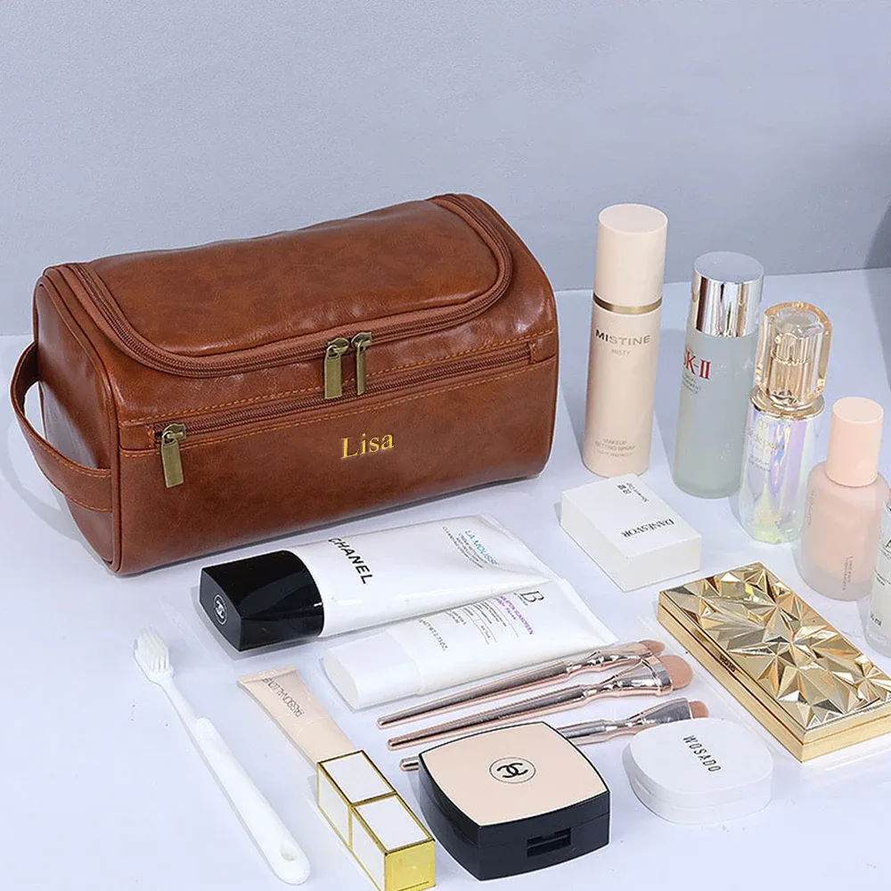 sac de maquillage personnalisé avec nom, trousse de toilette portable pour homme, sac de rangement de grande capacité pour voyage, sac de rangement en cuir pu imperméable