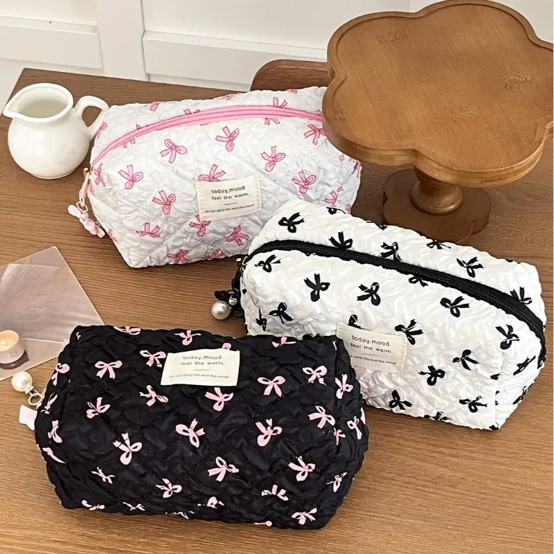 Pochette carrée pour femmes, sac de maquillage, Portable, mignon, pochette de rangement de cosmétiques et de toilette, sac à main imprimé avec nœud, sac à fermeture éclair