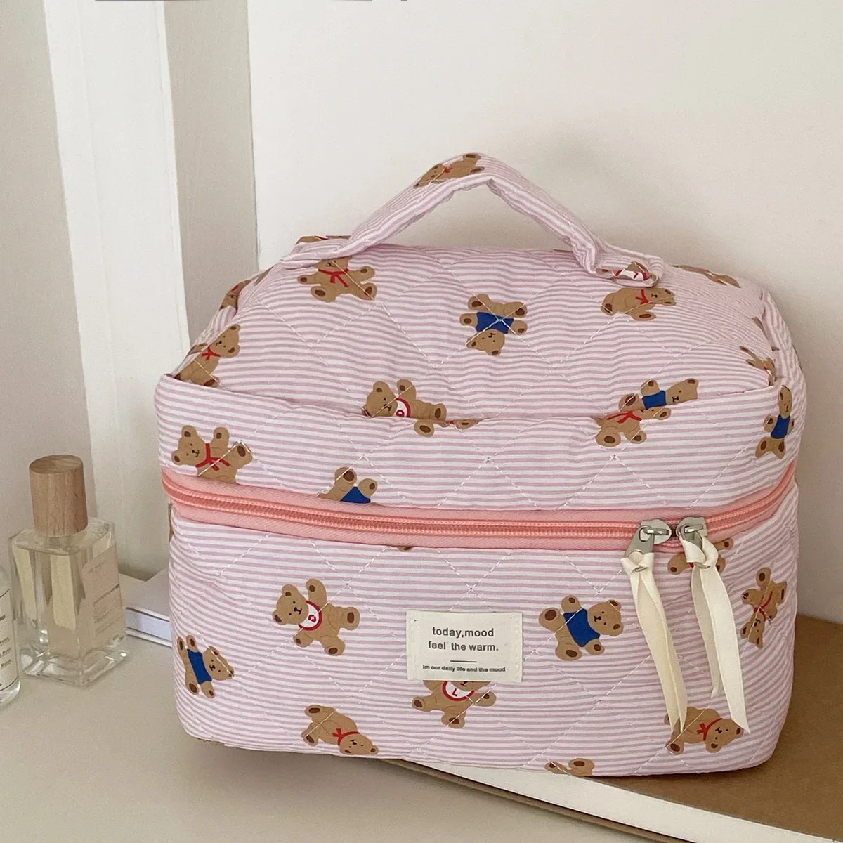 sac à cosmétiques motif ours rose beige pour femmes, joli organisateur de voyage de maquillage à fermeture éclair, sac à main féminin, pochette de toilette pour filles