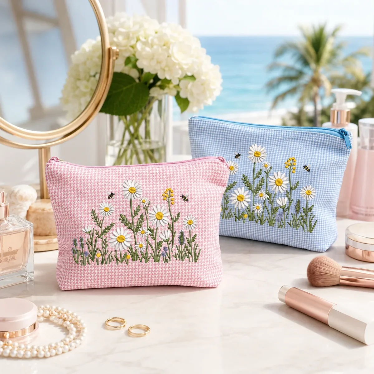 pochette cosmétique en gingham brodée daisy, grande trousse de toilette à fermeture éclair pour femmes, organiseur de voyage pour les vacances à la plage