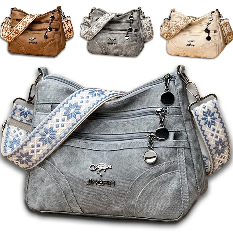 Sac à bandoulière spacieux multi-poches pour femme, sac à bandoulière vintage en cuir souple avec sangle à motif ethnique pour la vie quotidienne