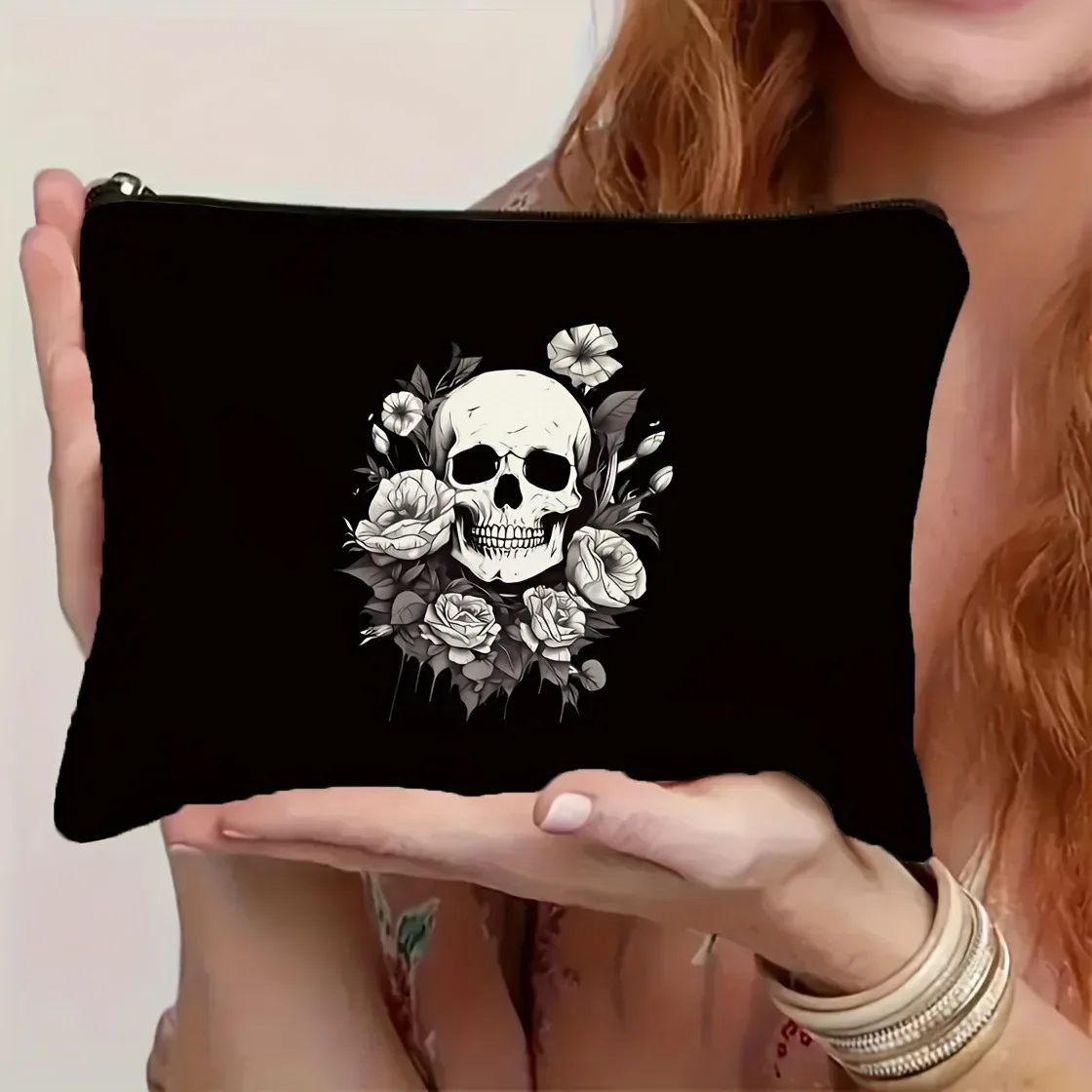 trousse de maquillage gothique à motif de rose et de crâne, pochette cosmétique portable en polyester durable, sac de voyage de grande capacité, cadeau d'halloween