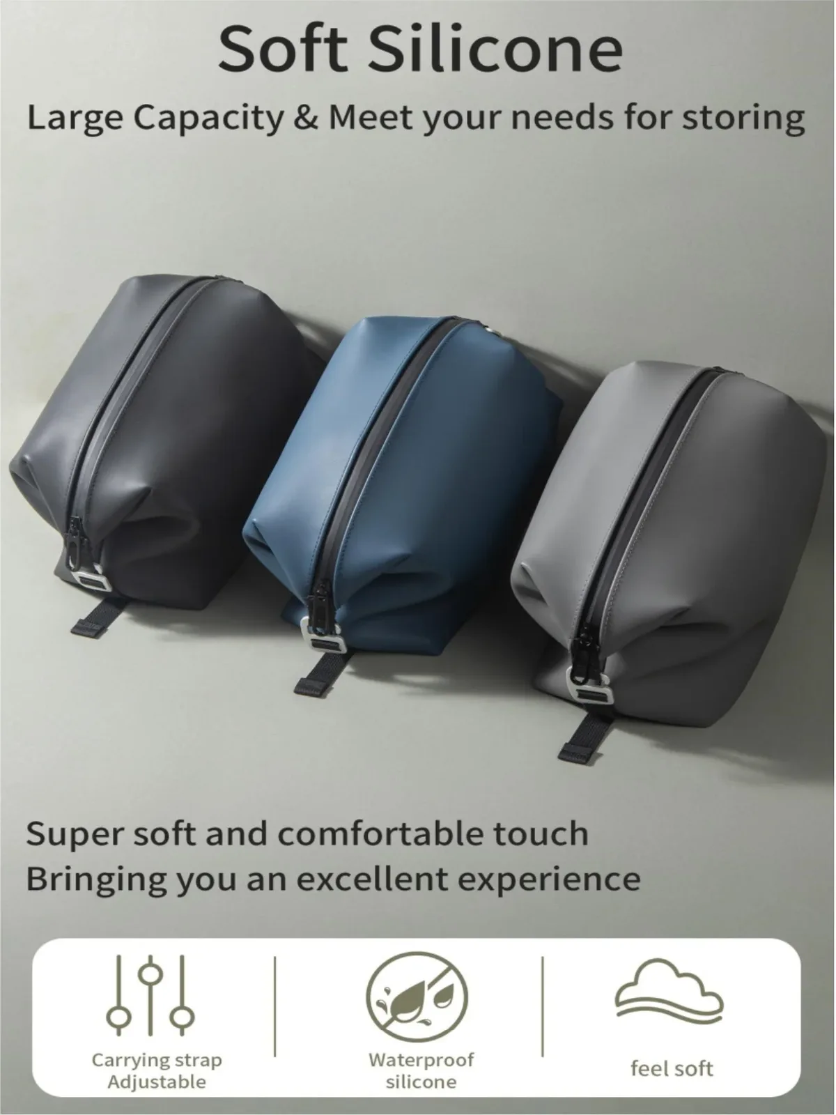 un sac de toilette et de maquillage de voyage en silicone, élégant, simple, uni et de haute qualité pour femmes, avec un crochet en métal, léger et facile à transporter, doté d'une texture lisse et de propriétés anti-froissement, un sac de bain multifonctionnel, idéal pour les voyages, les déplacements professionnels, les dortoirs étudiants, les cadeaux de saint-valentin pour petites amies, amies et personnes âgées, un article indispensable, un sac de maquillage pour femmes, un organisateur de salle de bain élégant, peut servir à ranger et organiser le maquillage, les produits de soins de la peau, les articles de toilette et les nécessités quotidiennes.