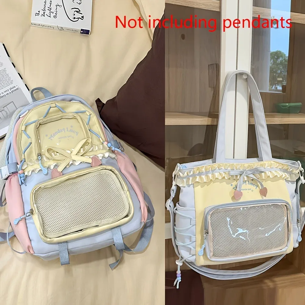 sac dos nylon unisexe pastel gris rose bleu clair motifs lapins coeurs accessoires voyage léger