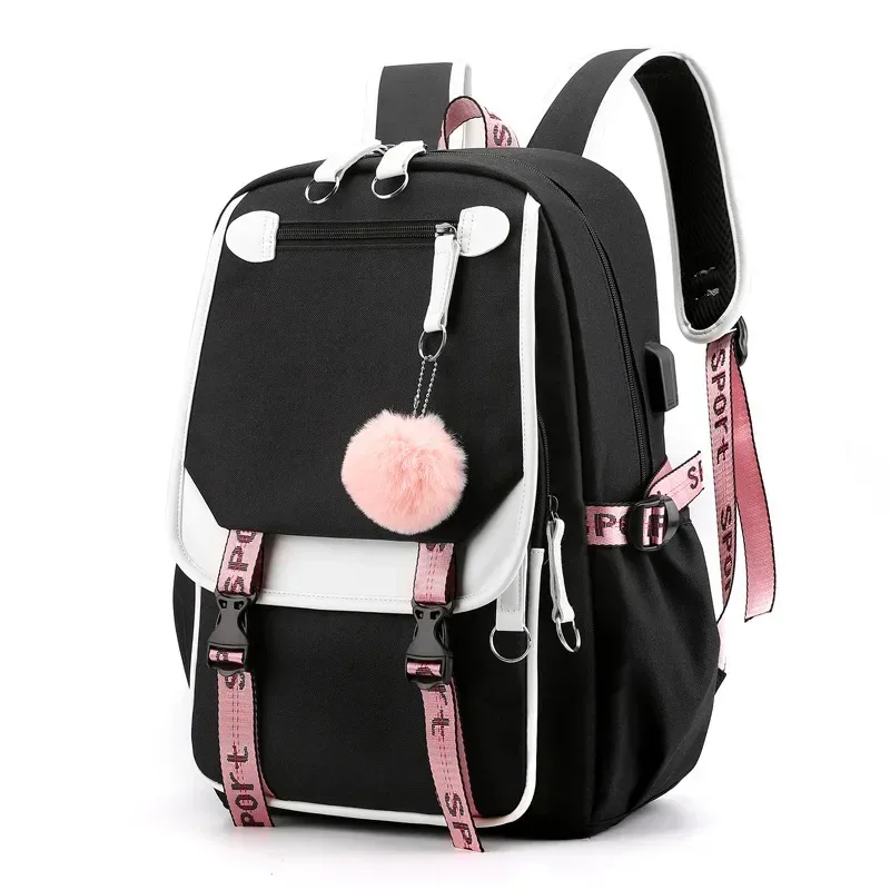 sac dos polyester noir bandes blanches roses poche devant dessin fille ailes étoile portable voyager