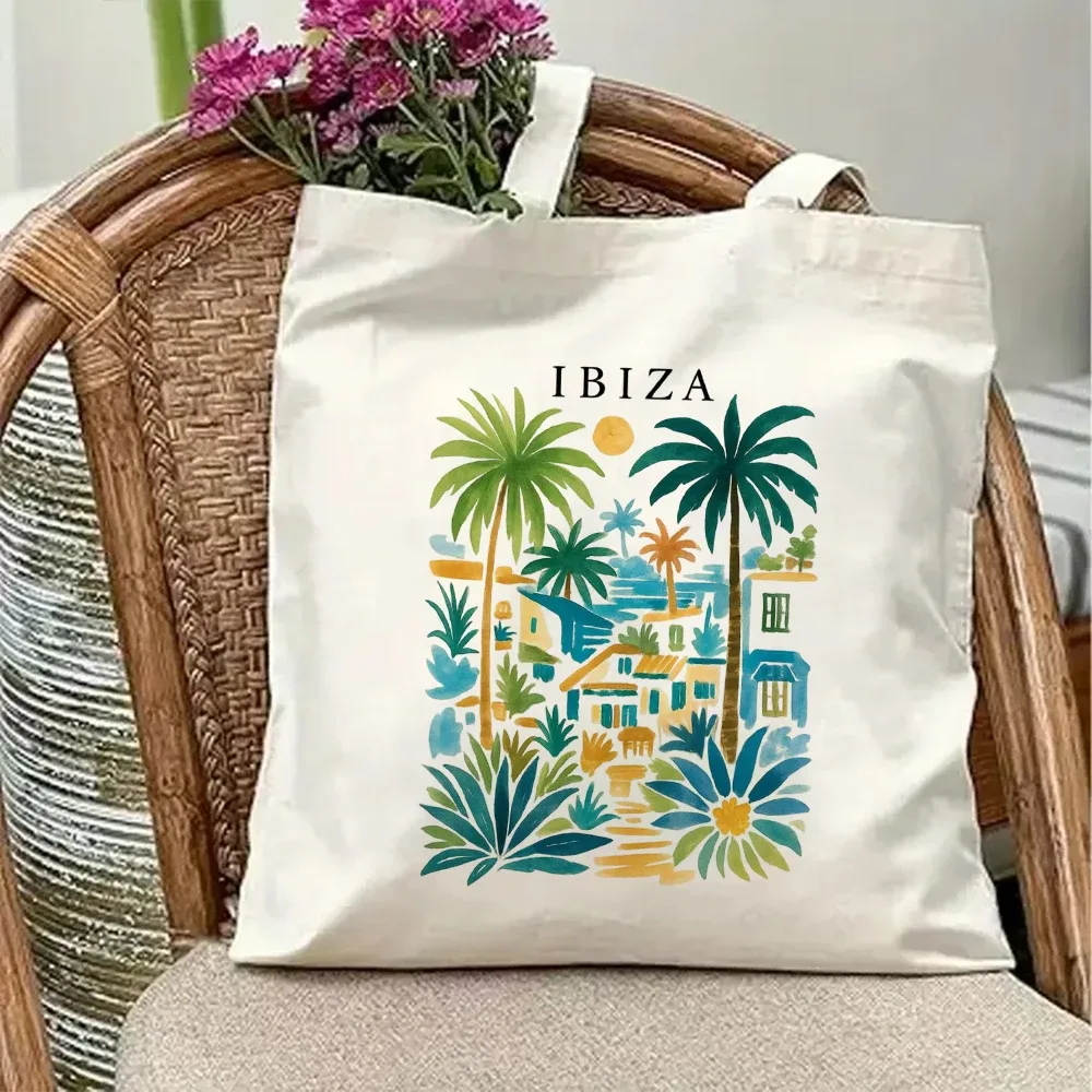 sac fourre-tout vintage ibiza en toile, imprimé rétro paysage de l'île d'espagne, palmiers, plage tropicale, vacances, sac à bandoulière