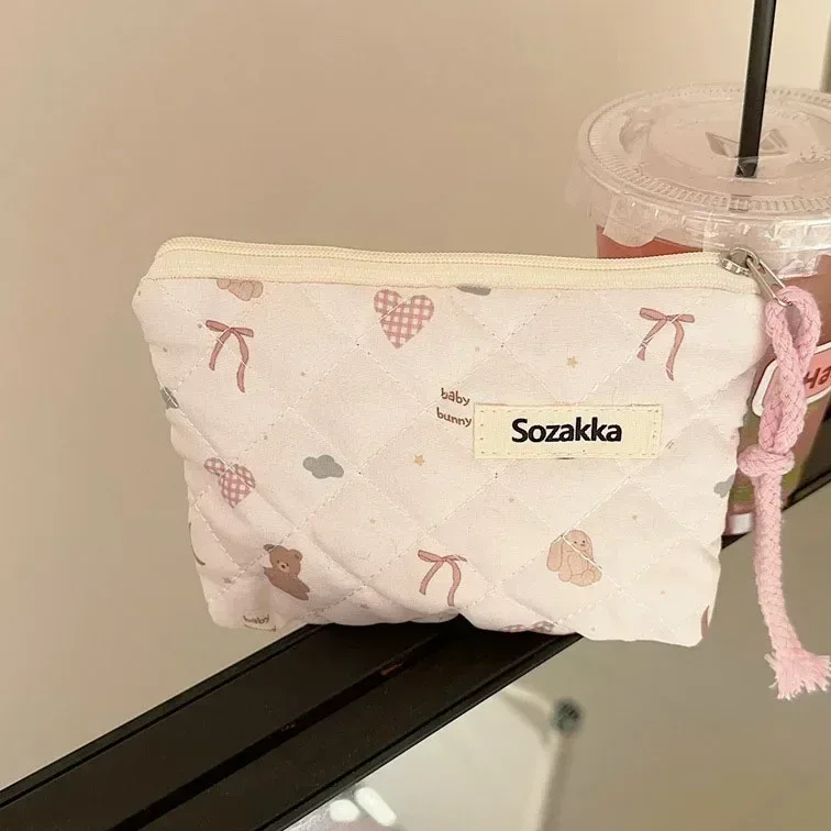 sac de maquillage en coton doux à motif floral, fermeture éclair, rangement pour rouge à lèvres, nœuds, sac cosmétique, trousse de toilette, pochette multifonctionnelle, porte-monnaie