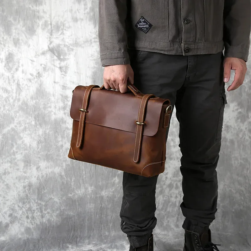 sac à main rétro en cuir pour hommes, sac à bandoulière avec couche supérieure en cuir de vache, porte-documents crazy horse, sacoche d'ordinateur de grande capacité, nzpj