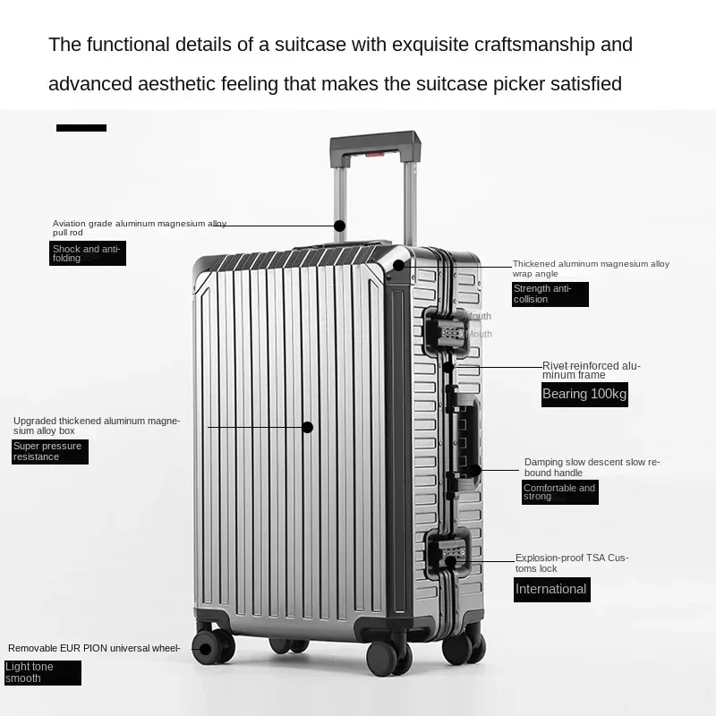 valise à roulettes en alliage aluminium-magnésium 100%, valise de voyage en aluminium, valise à roulettes en métal, roues universelles, valise à roulettes avec serrure à code.