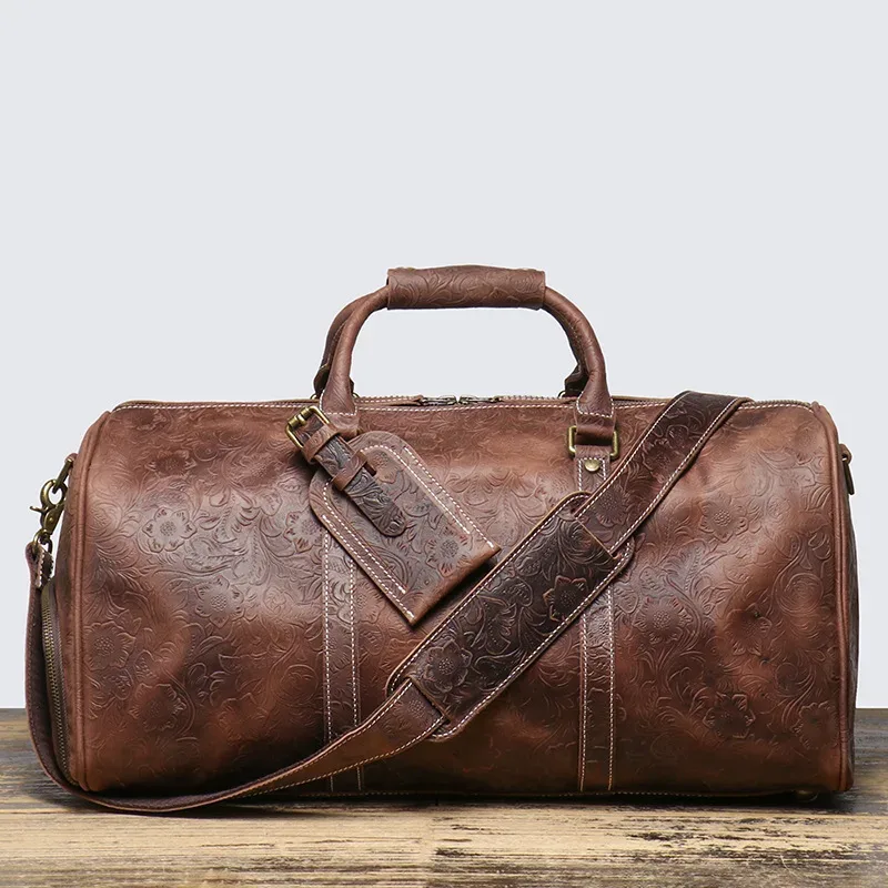 leathfocus-sac à main en cuir gaufré vintage pour hommes et femmes, sac de voyage de grande capacité, sac de sport d'affaires, sac de week-end