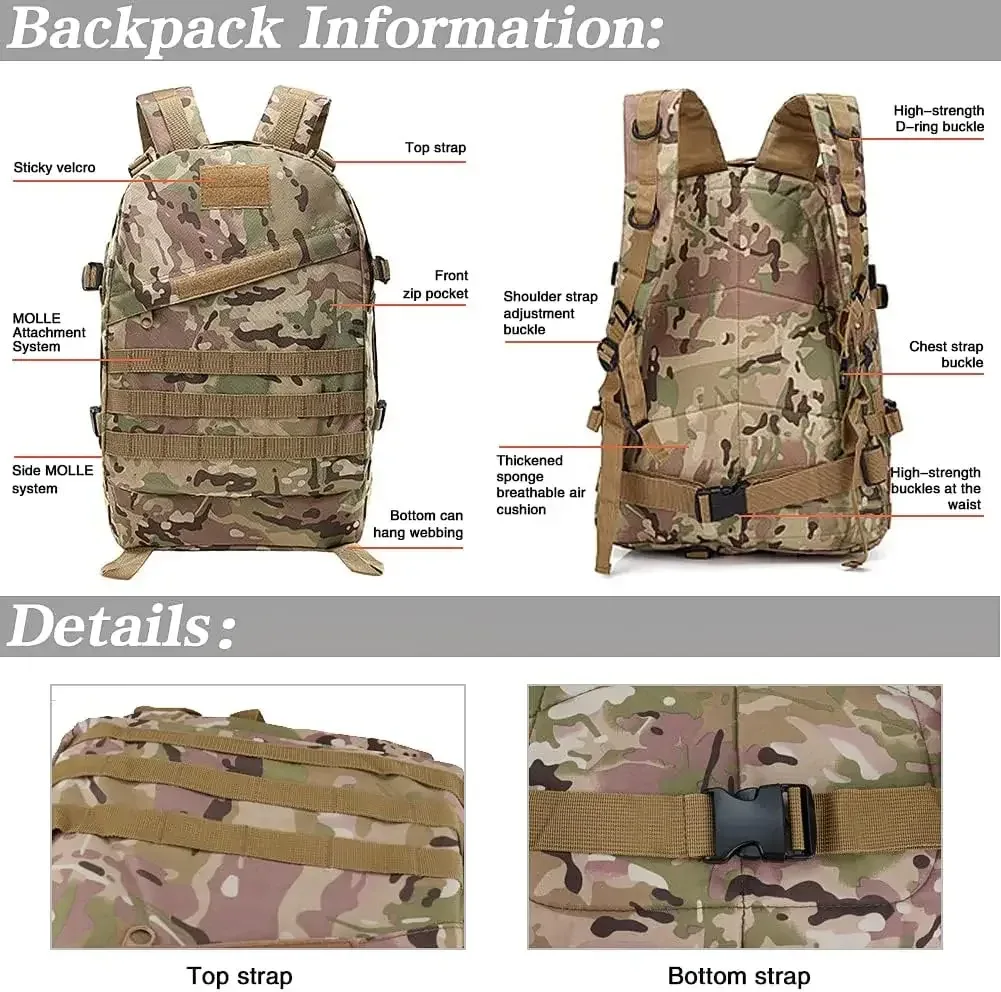 50l 3d extérieur sac à dos tactique molle sac d'assaut étanche chasse escalade randonnée pêche trekking voyage mochila sac à dos