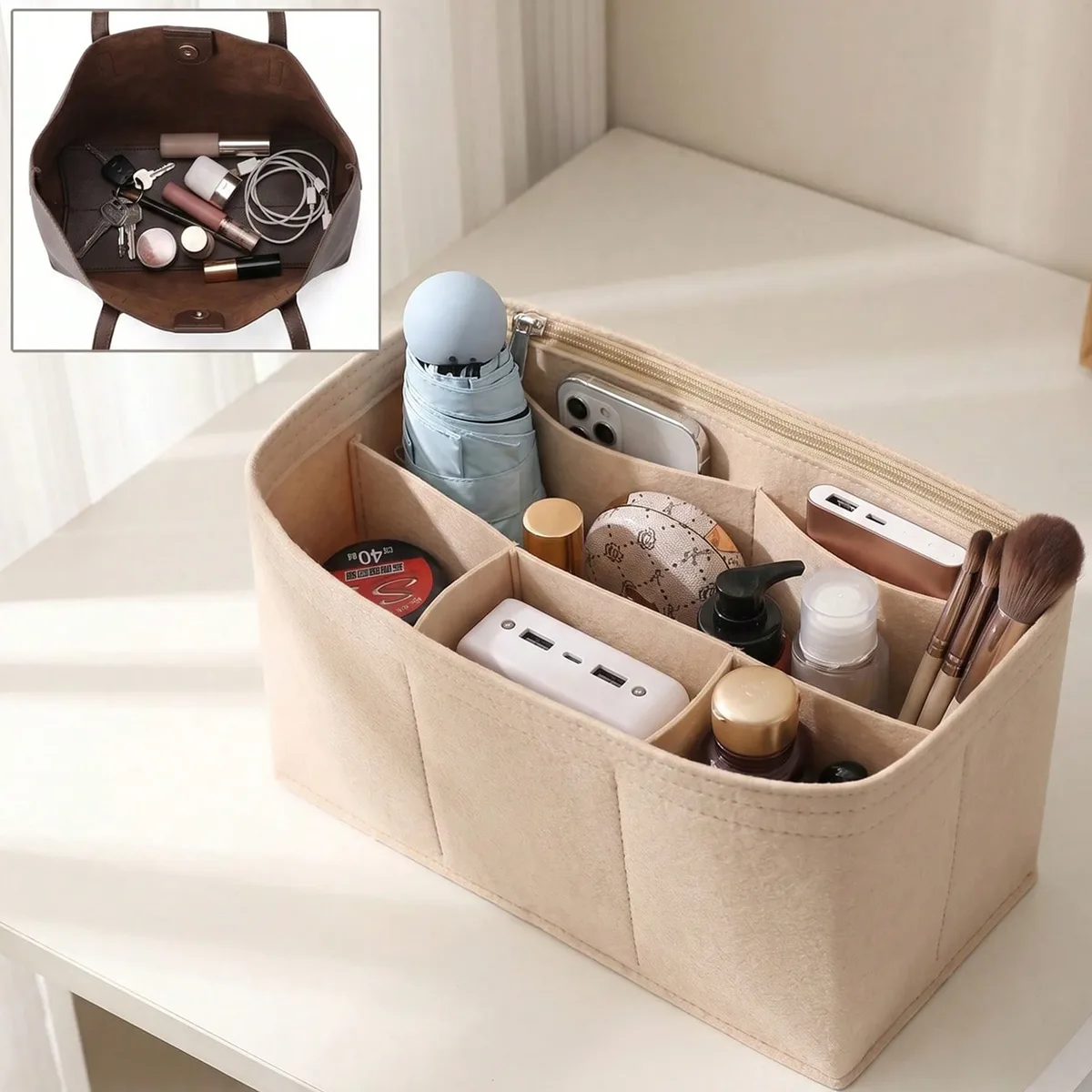 organisateur de sac fourre-tout en feutre, sac de rangement intérieur avec doublure, anti-déformation, insert intérieur multi-poches pour un rangement classifié