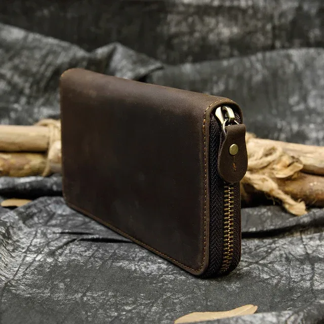 luufan-long sac à main en cuir de cheval vintage pour hommes et femmes, portefeuilles à double fermeture éclair pour carte de crédit, pochette pour homme