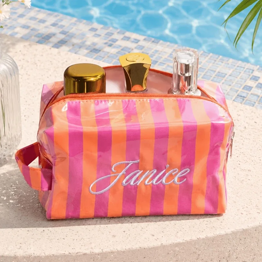 pochette cosmétique rayée personnalisée, imperméable, multifonctionnelle, portable, idéale pour les voyages, parfaite pour les mariages et les cadeaux de plage d'été