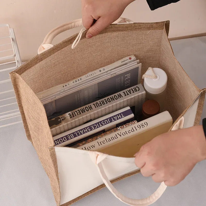 sac fourre-tout en toile de jute avec bouton pour femme, sac à main cadeau de grande capacité, respectueux de l'environnement, sac à provisions réutilisable, sac en chanvre