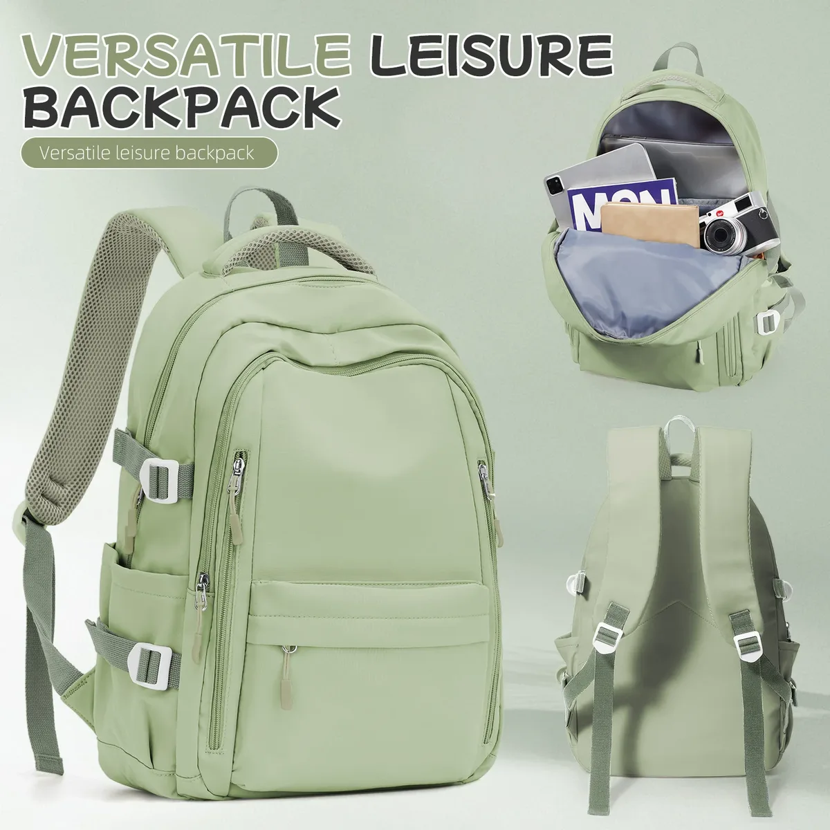 sac à dos de voyage décontracté antivol pour femme, design multi-poches en bleu clair durable pour l'école, le lycée et l'université