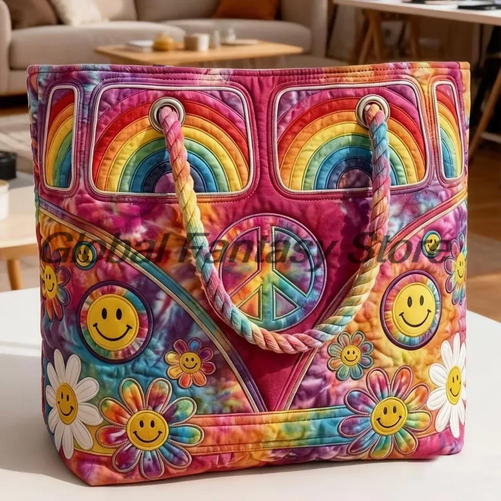 sac de plage matelassé style hippie vintage, sac à bandoulière bohème avec imprimé floral et signe de la paix, sac à main quotidien pour hommes et femmes, sac de shopping