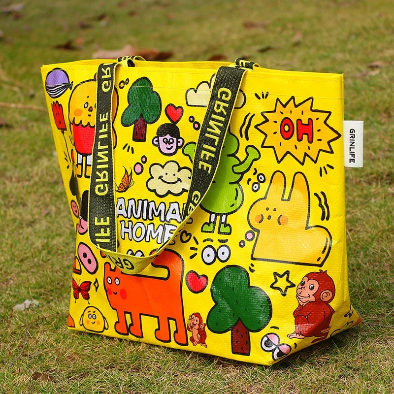 sac de courses réutilisable, fourre-tout tissé imperméable, sac à bandoulière pliable pour épicerie, rangement de plage, sac à main portable design animal mignon