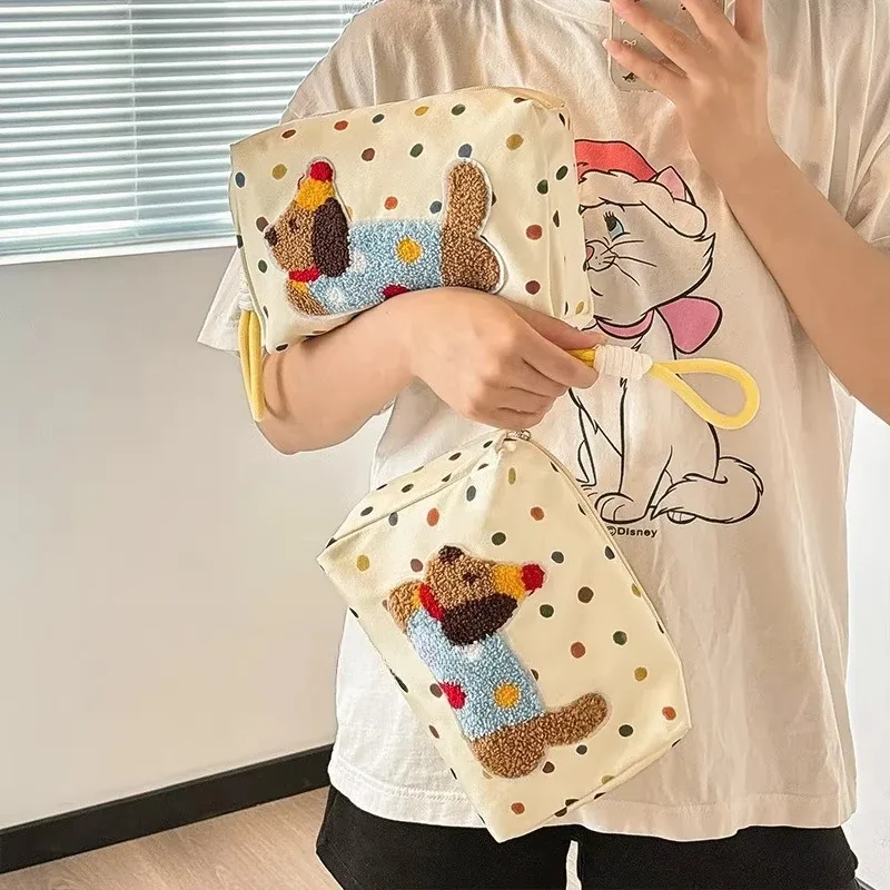 sac à cosmétiques teckel mignon de dessin animé avec corde, sac de rangement de lavage de voyage portable de grande capacité pour femmes, sac de maquillage de toilette à fermeture éclair