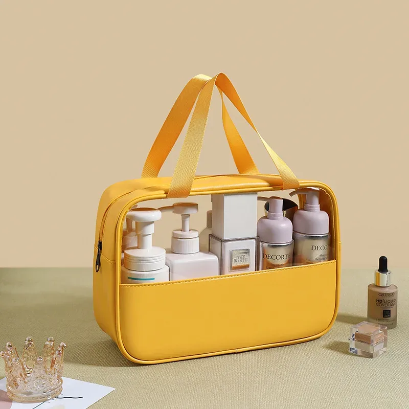 sac à cosmétiques personnalisé avec coutures brodées, sac de bain translucide en pvc de grande capacité, sac de rangement de voyage portable étanche en pu
