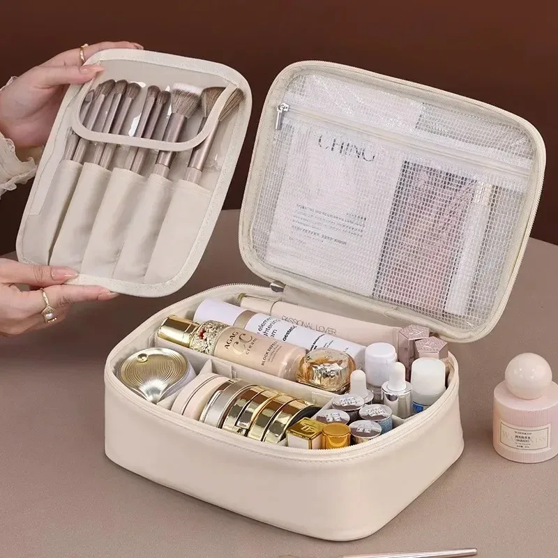 Trousse Cosmétique Simili Cuir Beige Rose Marron Noir Pochette Transparente Compartiments Fermeture Éclair Voyage Maquillage Toilette