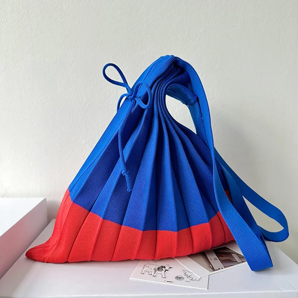 sac à main pliable en tricot, sac de courses grande capacité, sac écologique pliable, pochette à bandoulière, sac plissé de couleur contrastée, sac de voyage