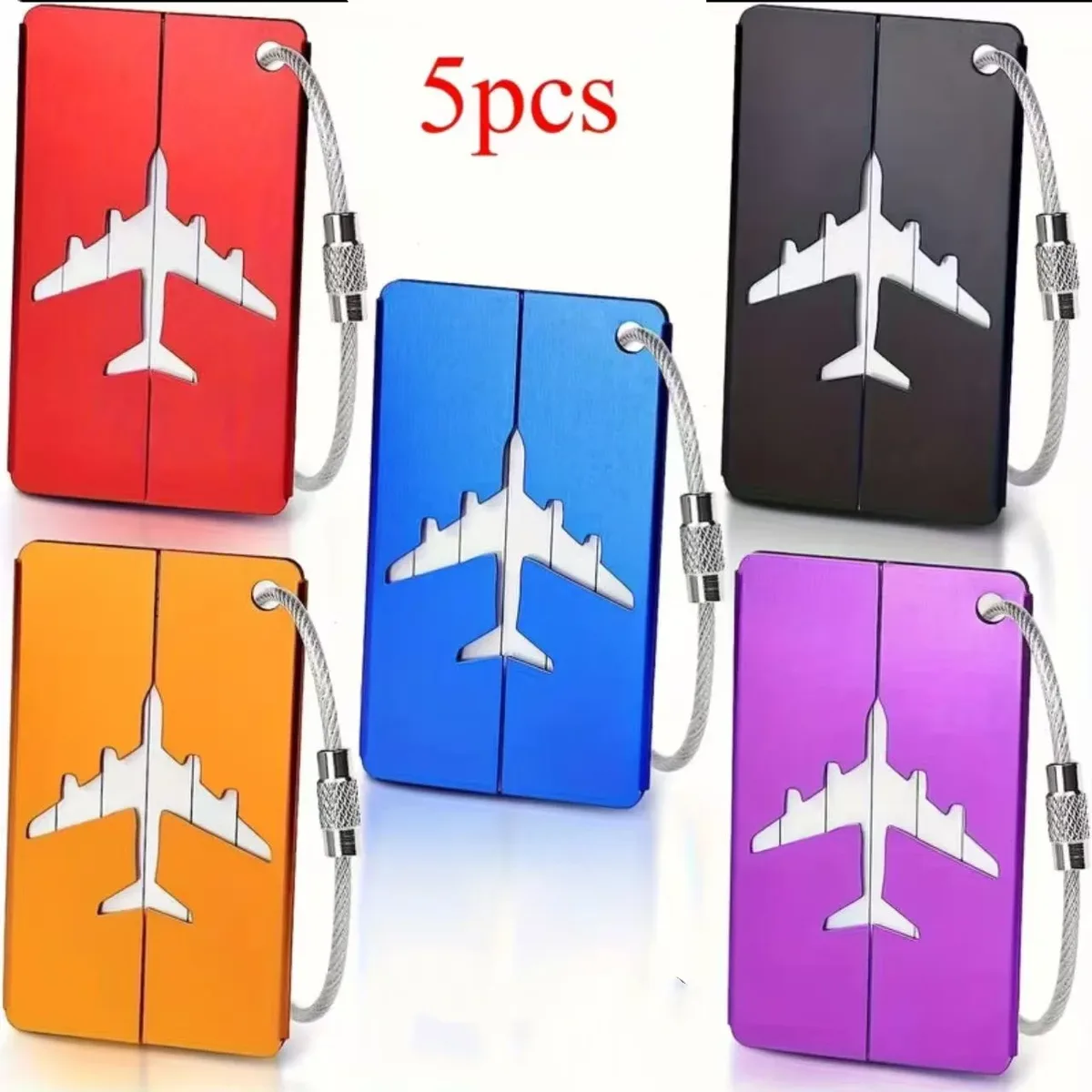 étiquette bagage métallique silhouette avion blanc noir rouge bleu orange violet carte information contact accessoires voyage
