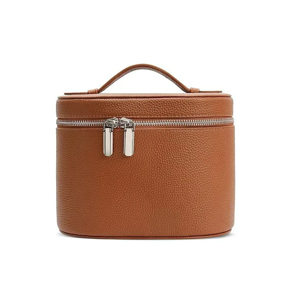 organisateur voyage polyester marron bleu noir texturé ovale compartiments poignée supérieure cosmétiques bijoux articles toilette