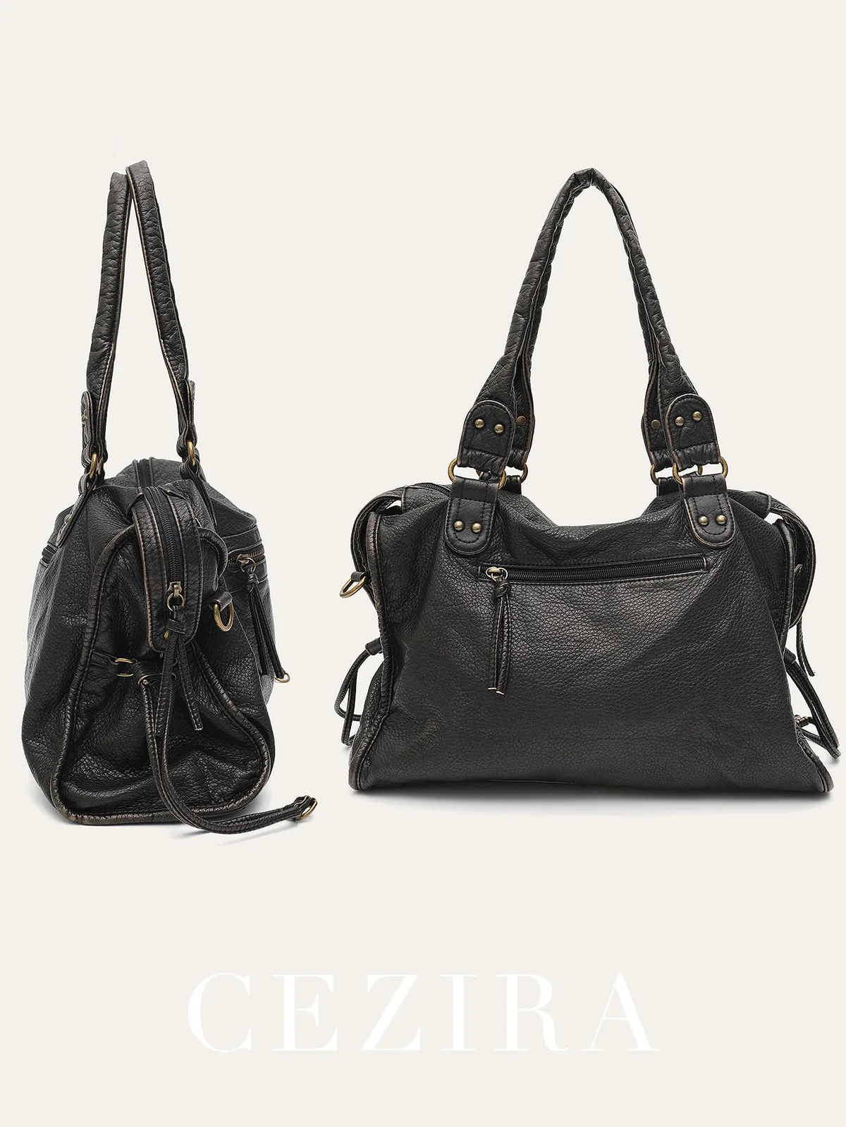 vintage lavé en cuir pu grande capacité fourre-tout poches zippées tresse décor épaule sac à bandoulière unisexe femmes voyage quotidien sac à main
