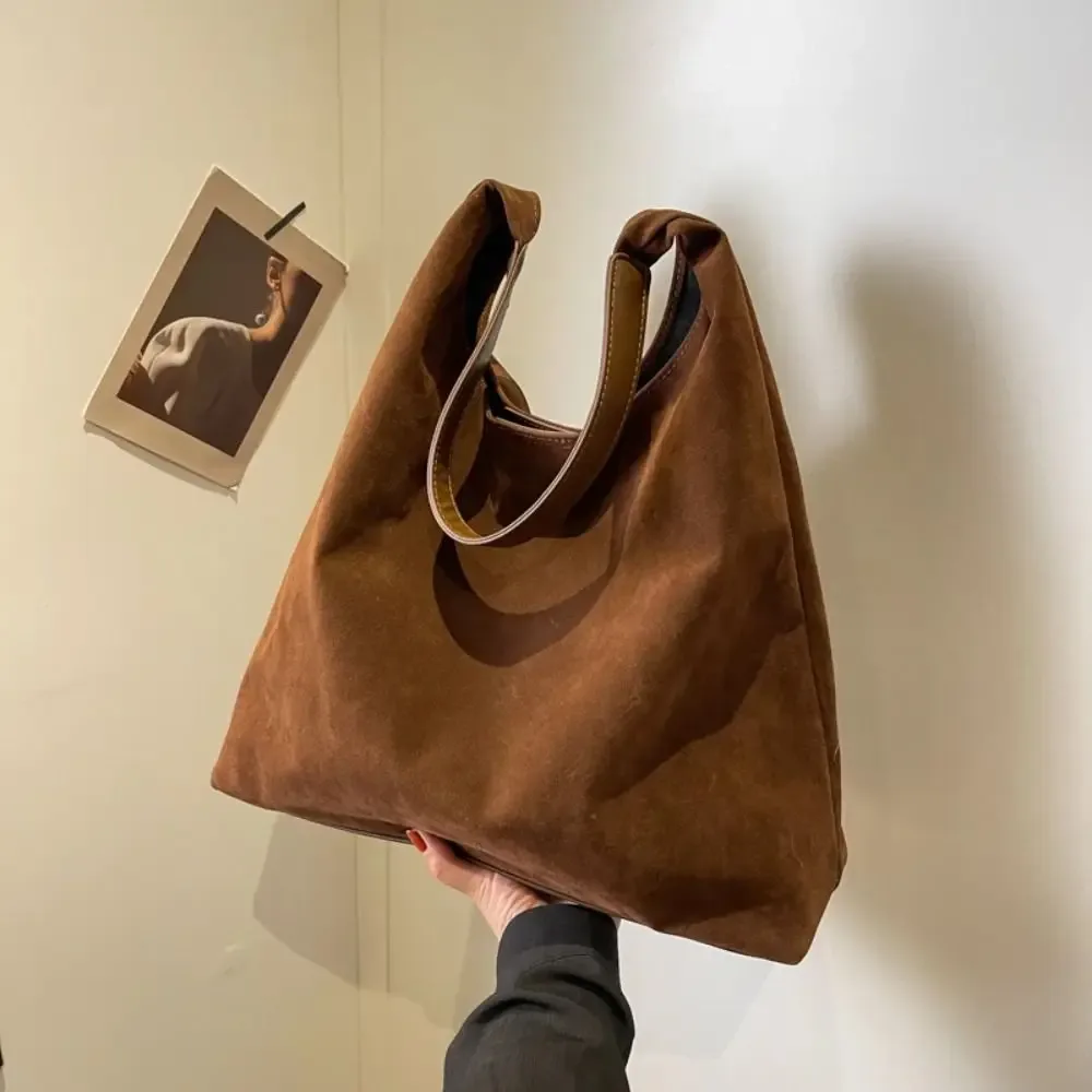 sac à bandoulière en daim de grande capacité, sac seau vintage pour femmes, couleur unie, simple et polyvalent, automne et hiver