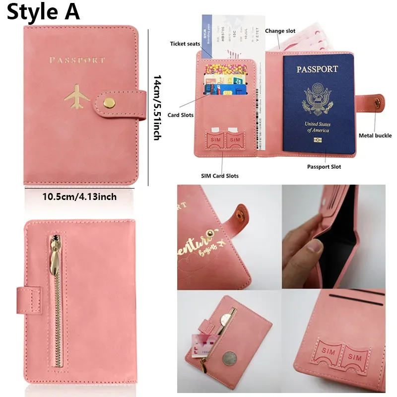 porte-passeport en cuir pu imprimé avion pour hommes et femmes avec poche zippée et emplacement pour carte sim, portefeuille pour documents de voyage