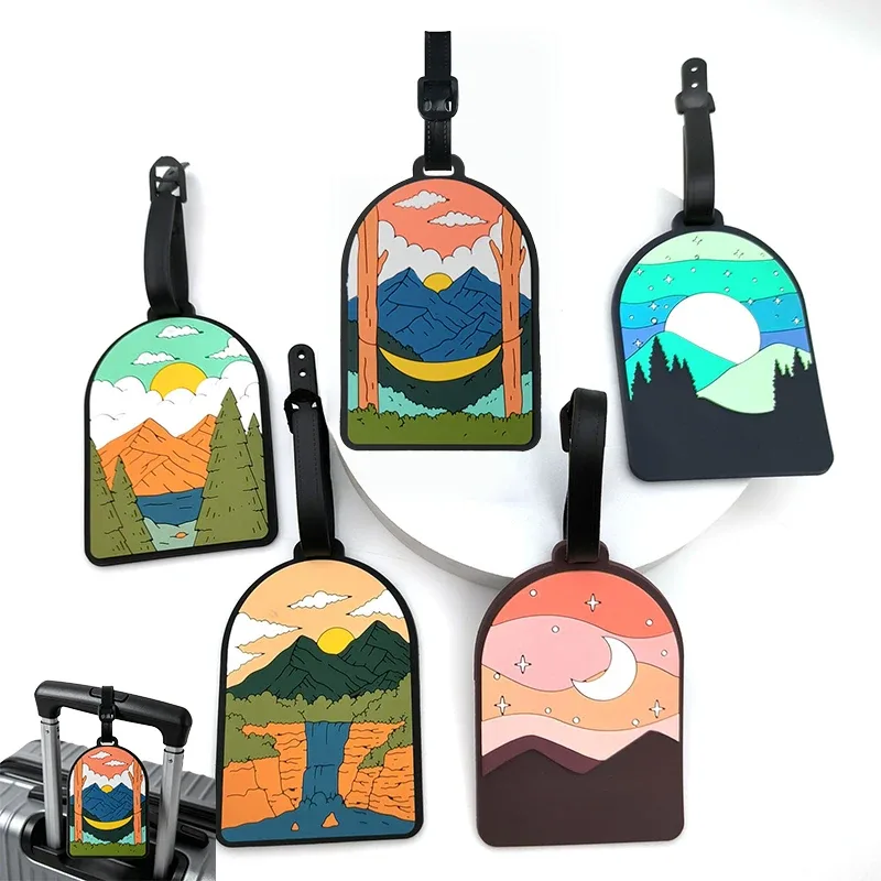 étiquette de bagage pour valises, étiquettes d'identification de bagages avec paysage de montagne et de coucher de soleil pour le voyage, protection de la vie privée pour sacs de voyage