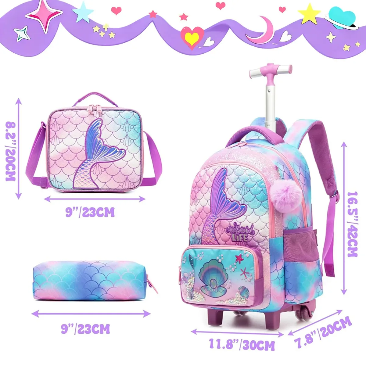 sac à dos roulant sirène mignon pour fille enfants valise de voyage avec roues étudiant primaire bagage à main garçons sac à dos à roulettes